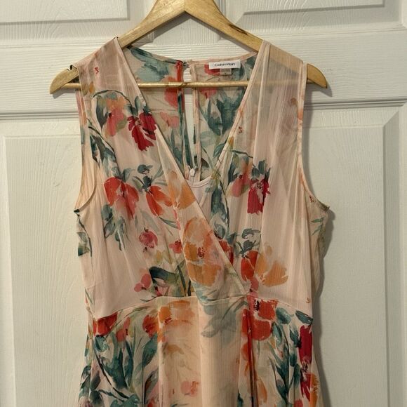 Calvin Klein Floral Chiffon High Low Dress Pink Multi Size 14 Excellent - Picture 4 of 9